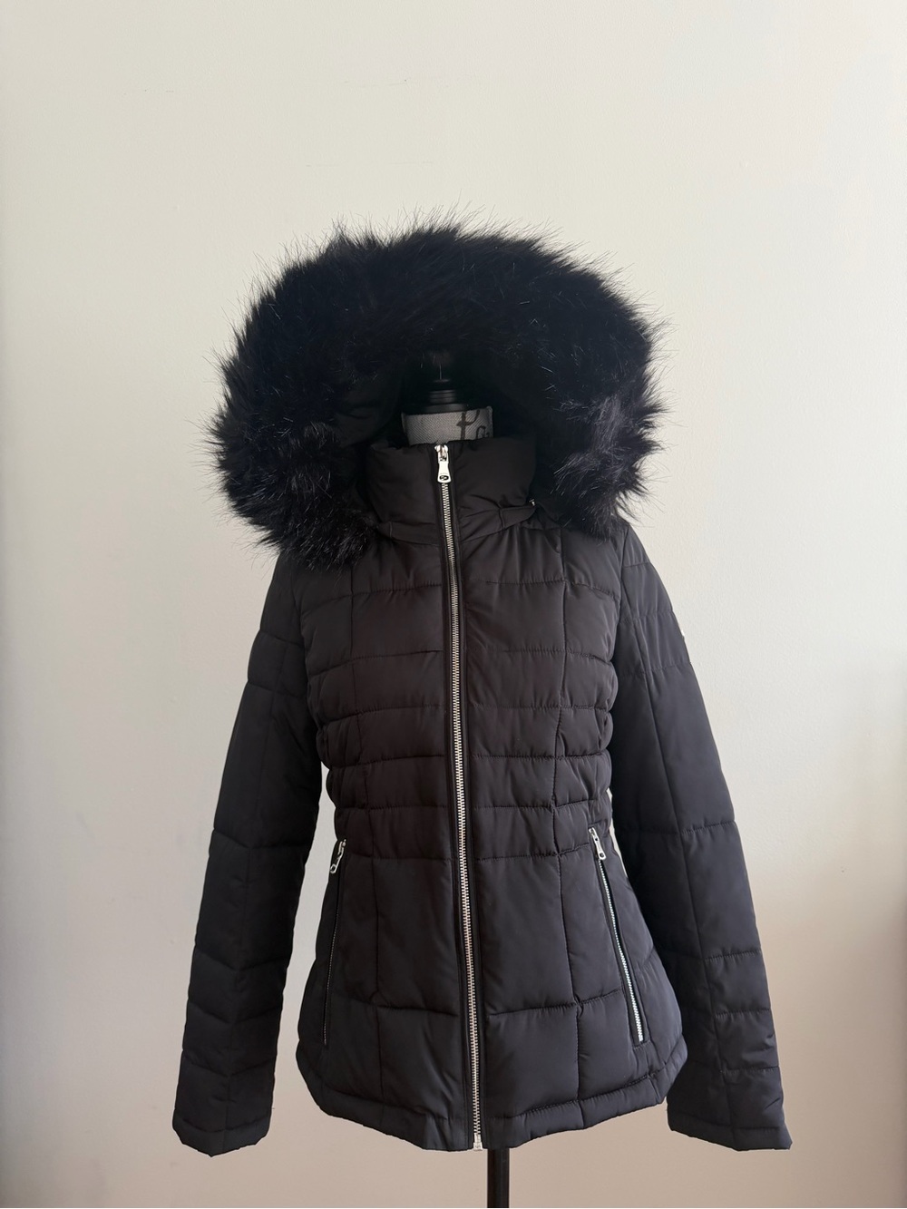 Calvin Klein Black Faux Fur Hood Puffer Jacket XS